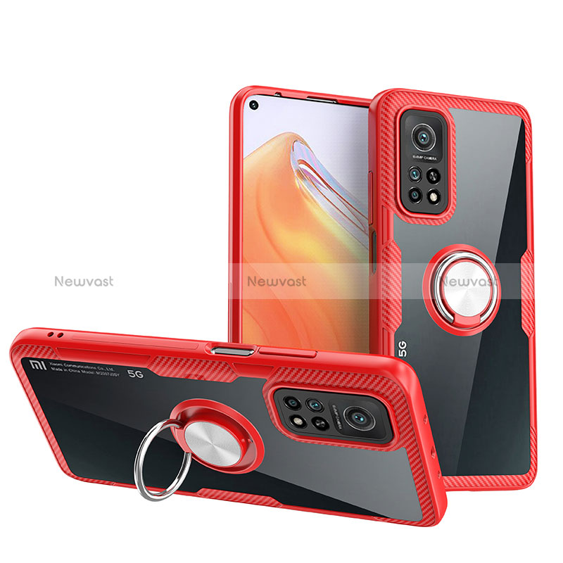 Ultra-thin Transparent TPU Soft Case Cover with Magnetic Finger Ring Stand ZL1 for Xiaomi Mi 10T 5G Red