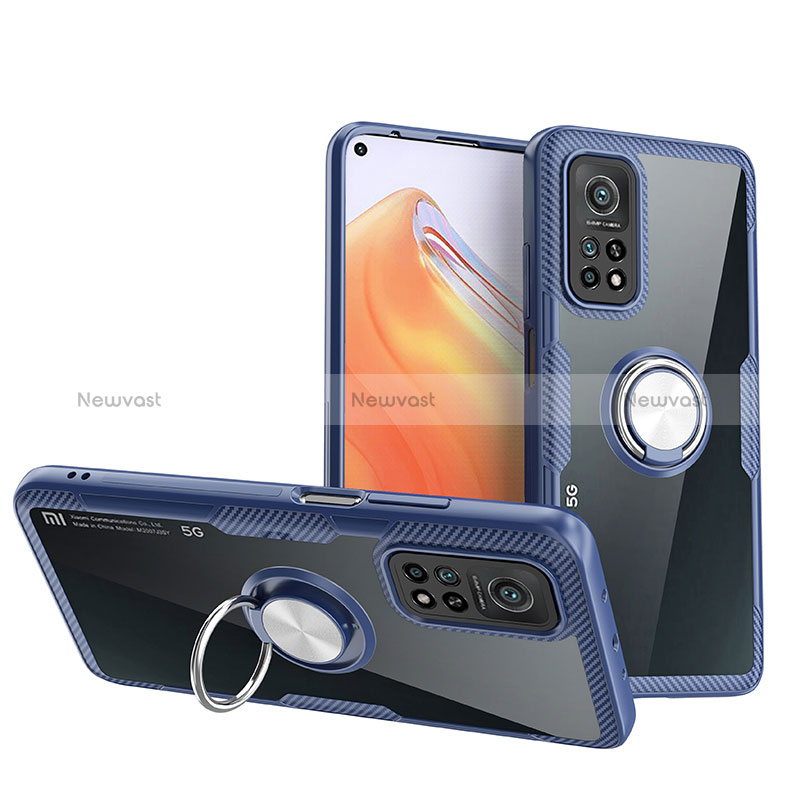 Ultra-thin Transparent TPU Soft Case Cover with Magnetic Finger Ring Stand ZL1 for Xiaomi Mi 10T 5G Silver and Blue
