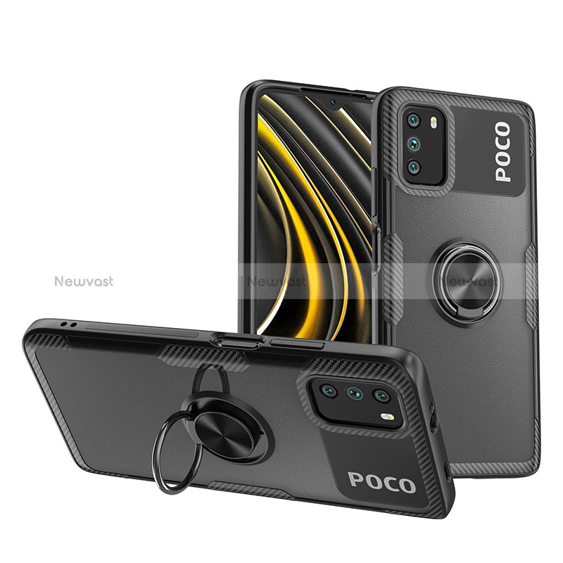 Ultra-thin Transparent TPU Soft Case Cover with Magnetic Finger Ring Stand ZL1 for Xiaomi Poco M3 Black