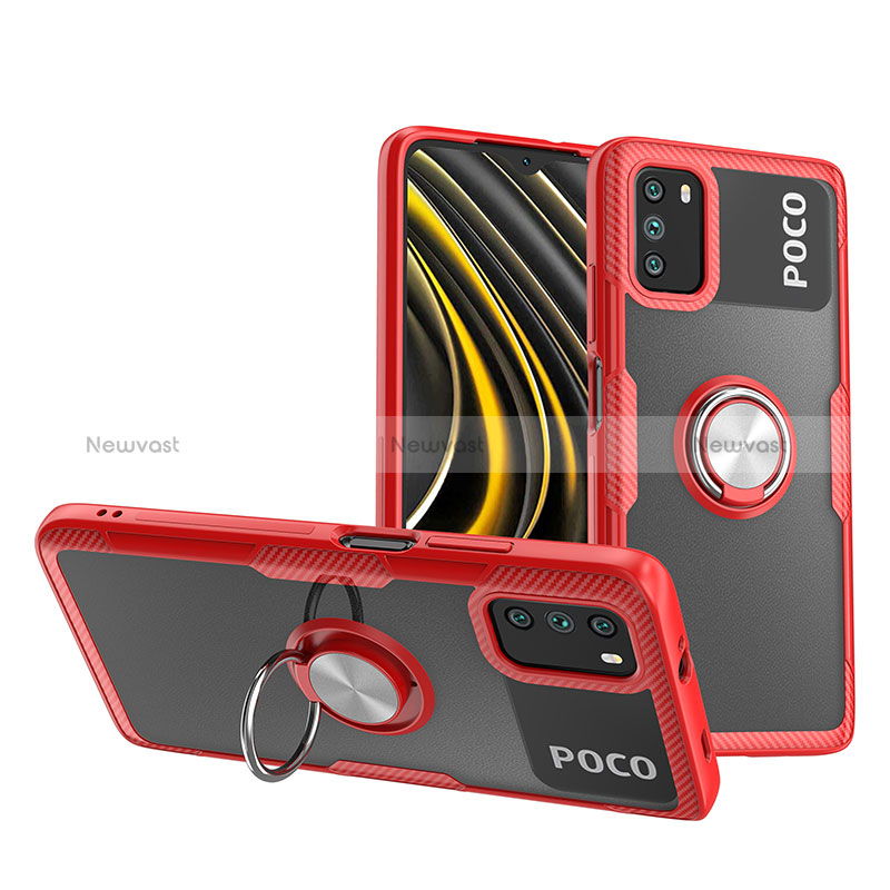 Ultra-thin Transparent TPU Soft Case Cover with Magnetic Finger Ring Stand ZL1 for Xiaomi Poco M3 Red