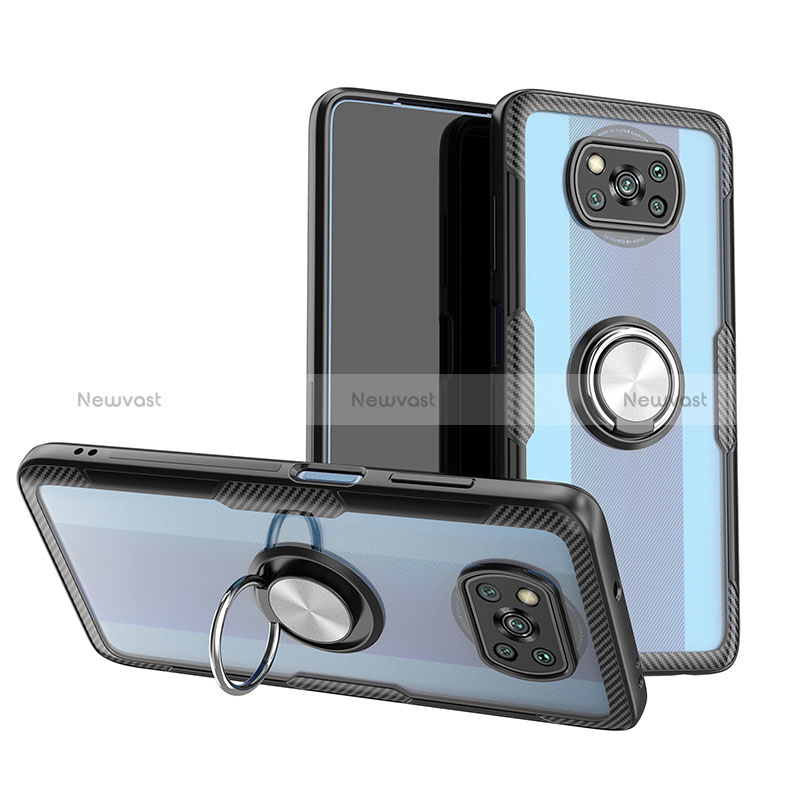 Ultra-thin Transparent TPU Soft Case Cover with Magnetic Finger Ring Stand ZL1 for Xiaomi Poco X3 NFC Silver and Black