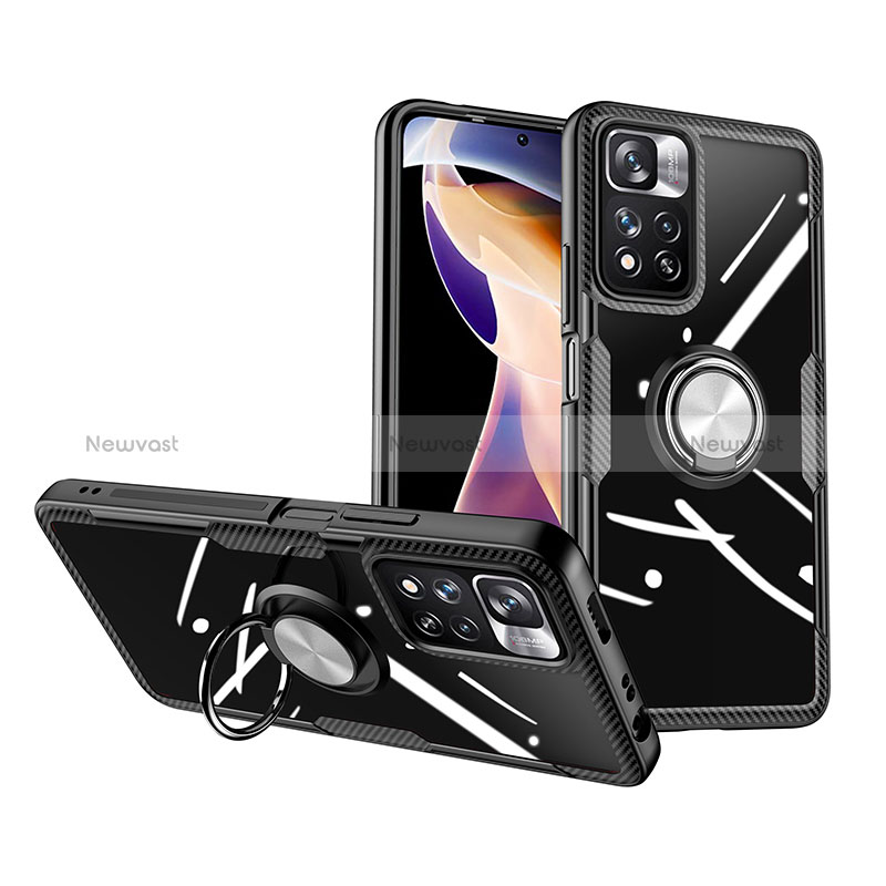 Ultra-thin Transparent TPU Soft Case Cover with Magnetic Finger Ring Stand ZL1 for Xiaomi Redmi Note 11 Pro+ Plus 5G Silver and Black