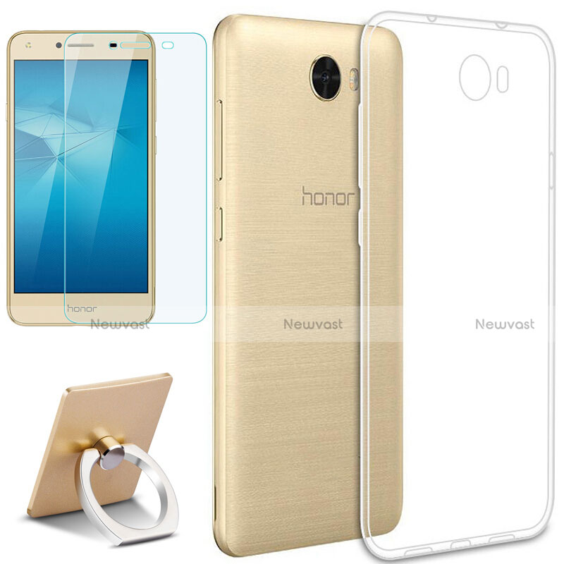 Ultra-thin Transparent TPU Soft Case with Finger Ring Stand and Screen Protector for Huawei Y5 II Y5 2 Clear